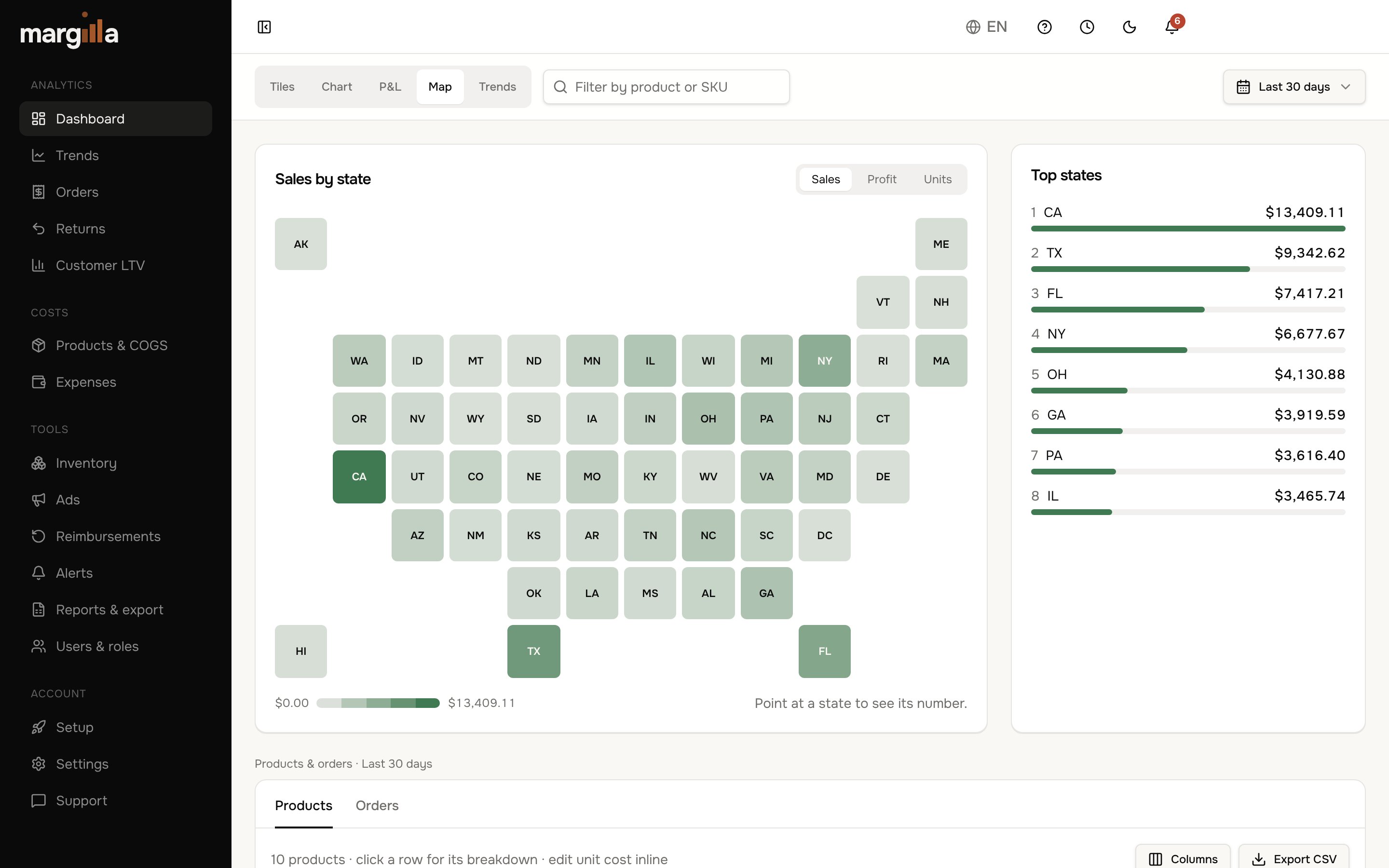 Margilla dashboard — Where your sales come from, state by state