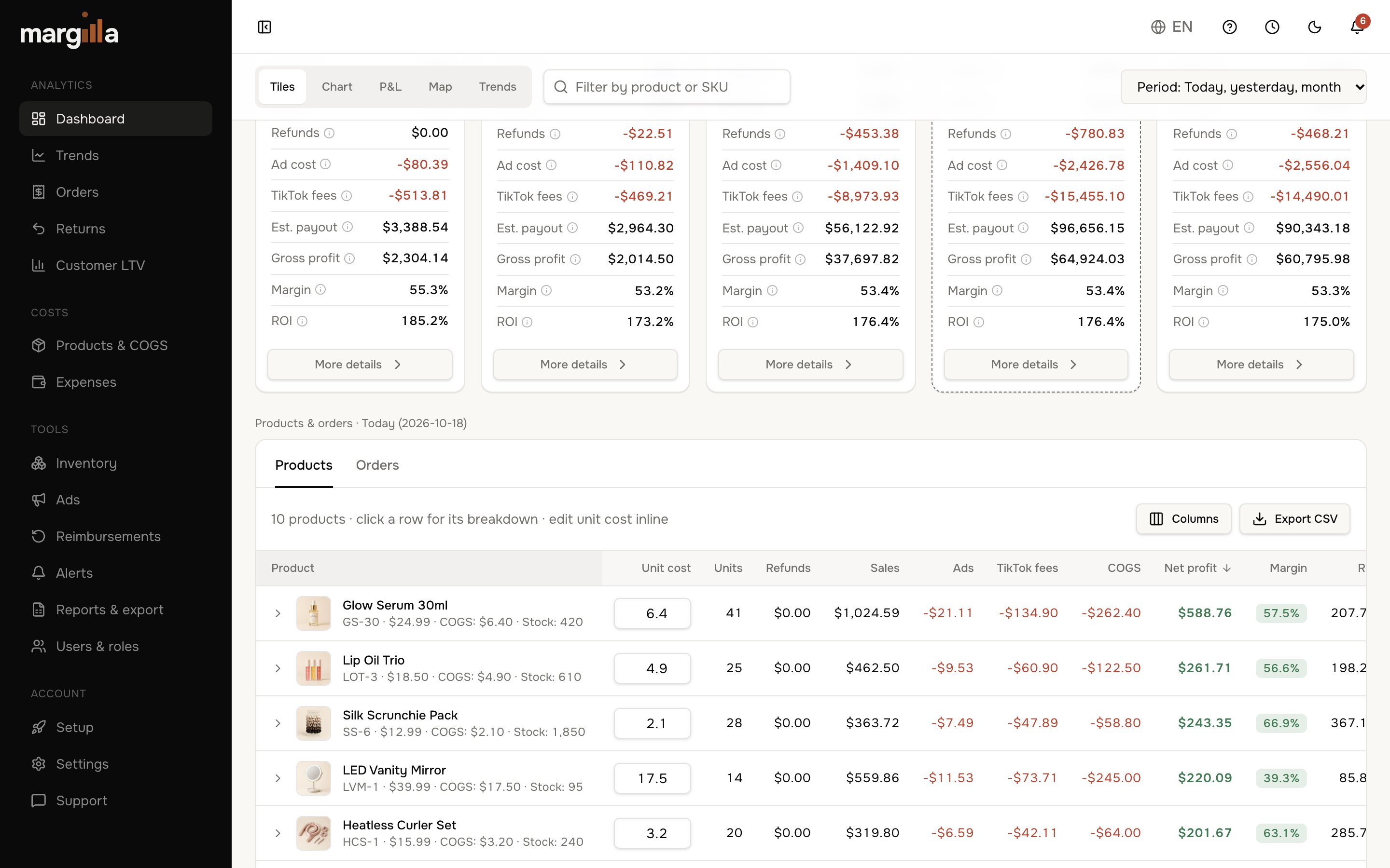 Margilla dashboard — Every SKU with its real unit cost and margin