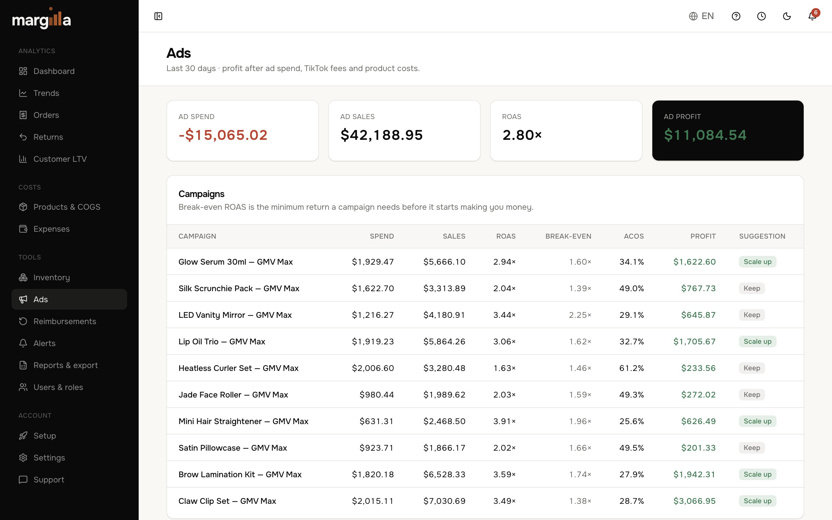 Ads profitability page in the Margilla dashboard