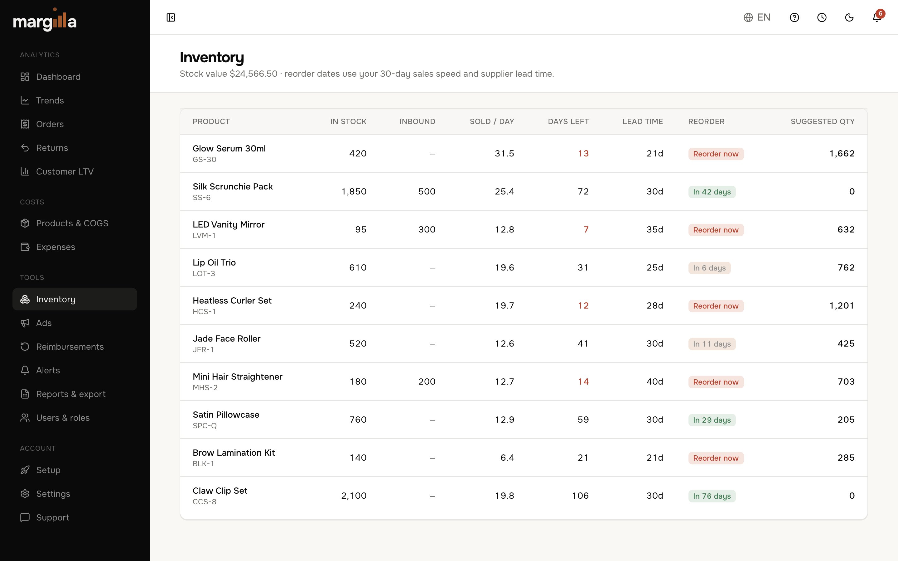 Inventory planning page in the Margilla dashboard