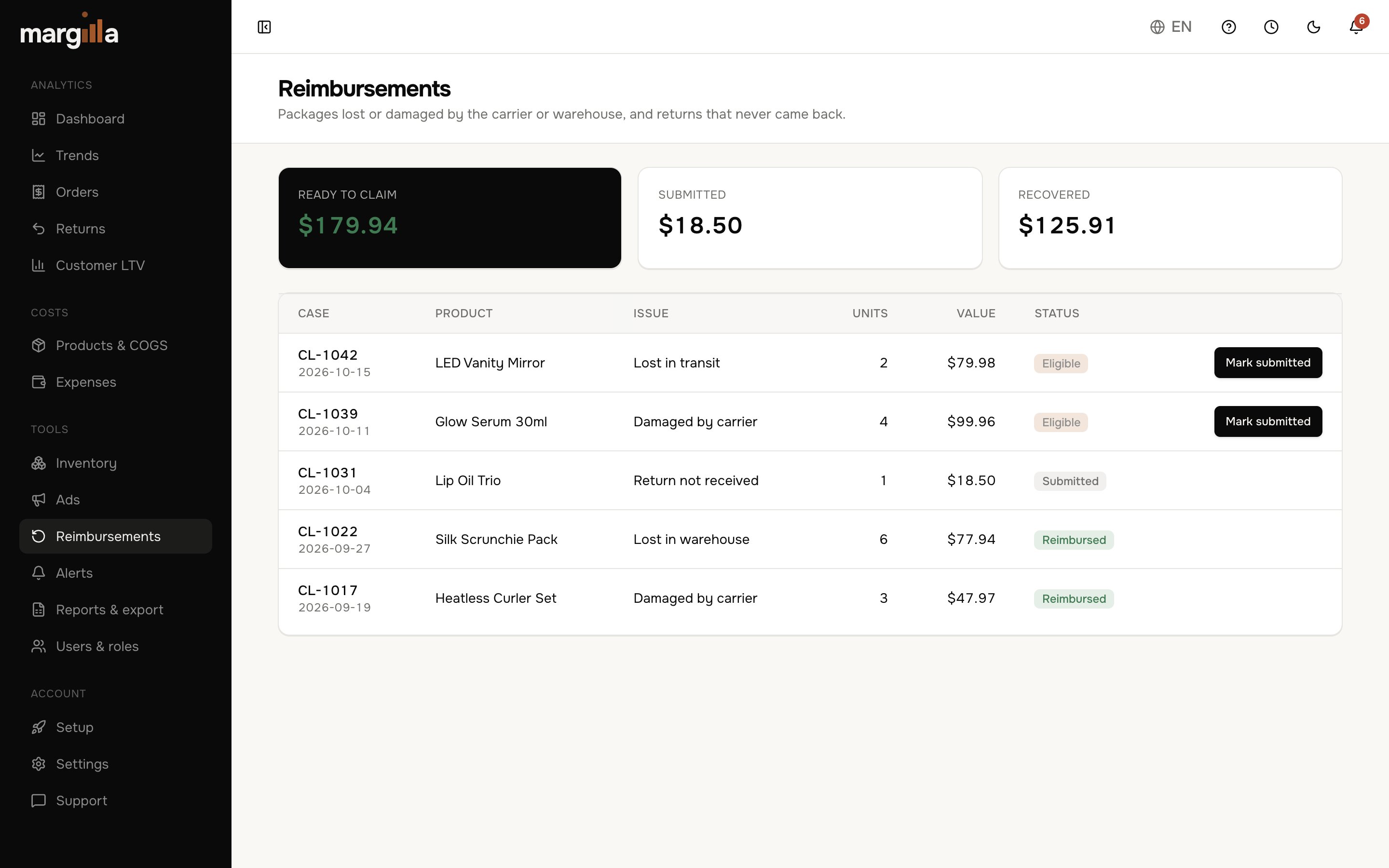 Reimbursements page in the Margilla dashboard