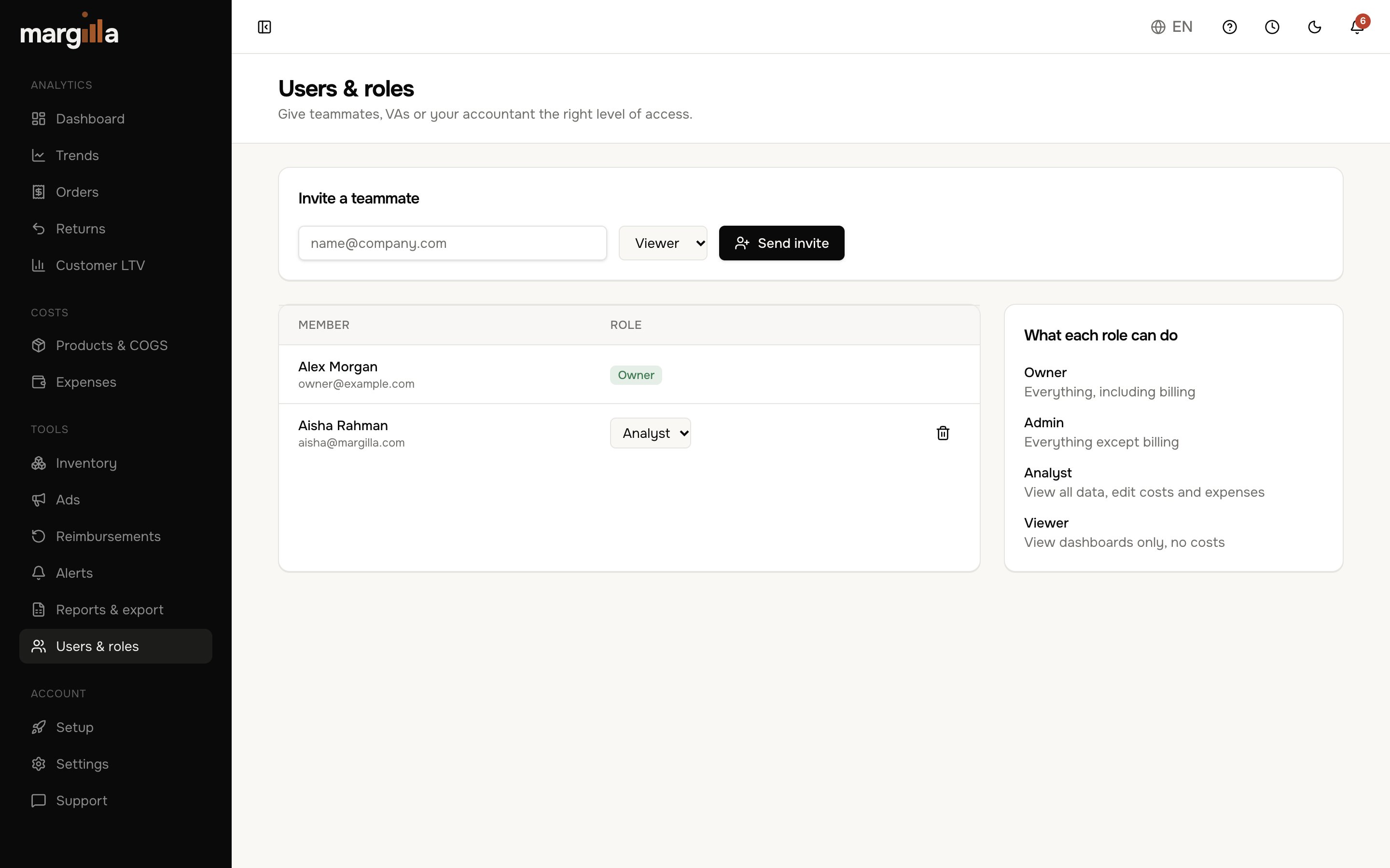 Users & roles page in the Margilla dashboard